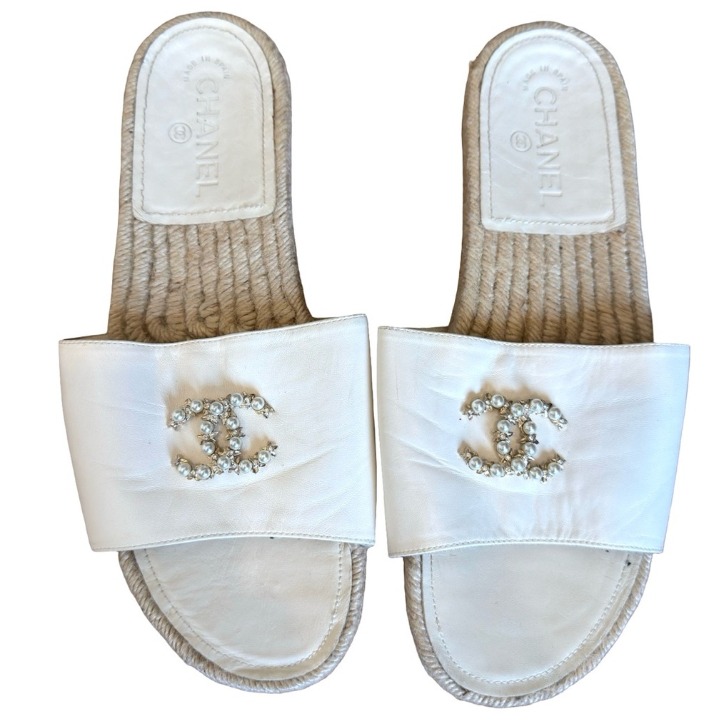 CHANEL Cream Embellished Slide Sandals “CC” logo